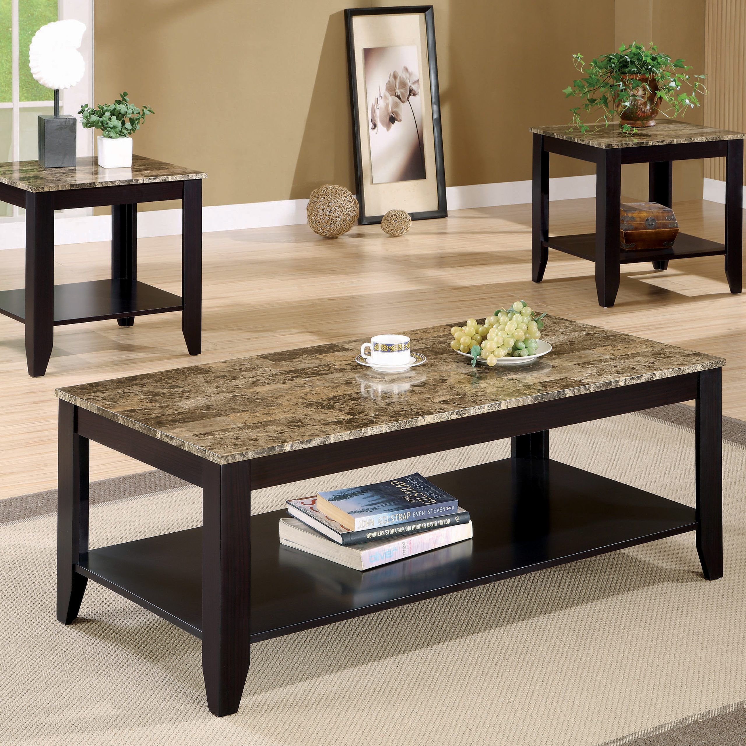 Flores 3 Piece Occasional Table Set With Shelf Cappuccino – In Occasional Coffee Tables (Photo 9 of 15)