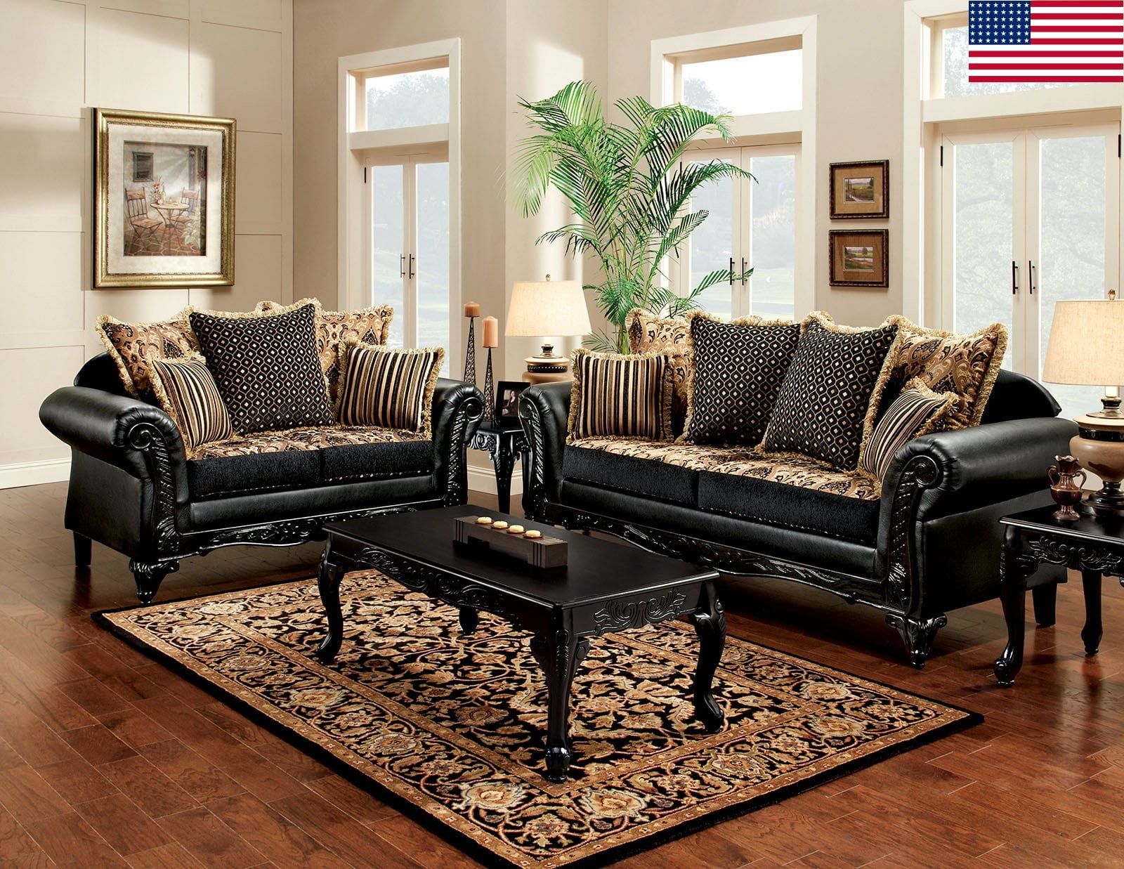 Formal Traditional Living Room Sofa Loveseat Black Couch Pillows Chenille  Fabric Antique Rolled Arms Wood Trim Usa – Walmart With Regard To Traditional Black Fabric Sofas (View 11 of 15)