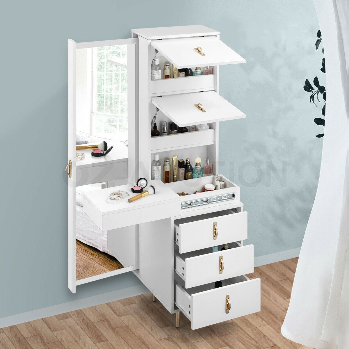 Freestanding Dressing Cabinet Bedside Table Full Length Mirror Storage  Drawers | Ebay Inside Freestanding Tables With Drawers (Photo 7 of 15)