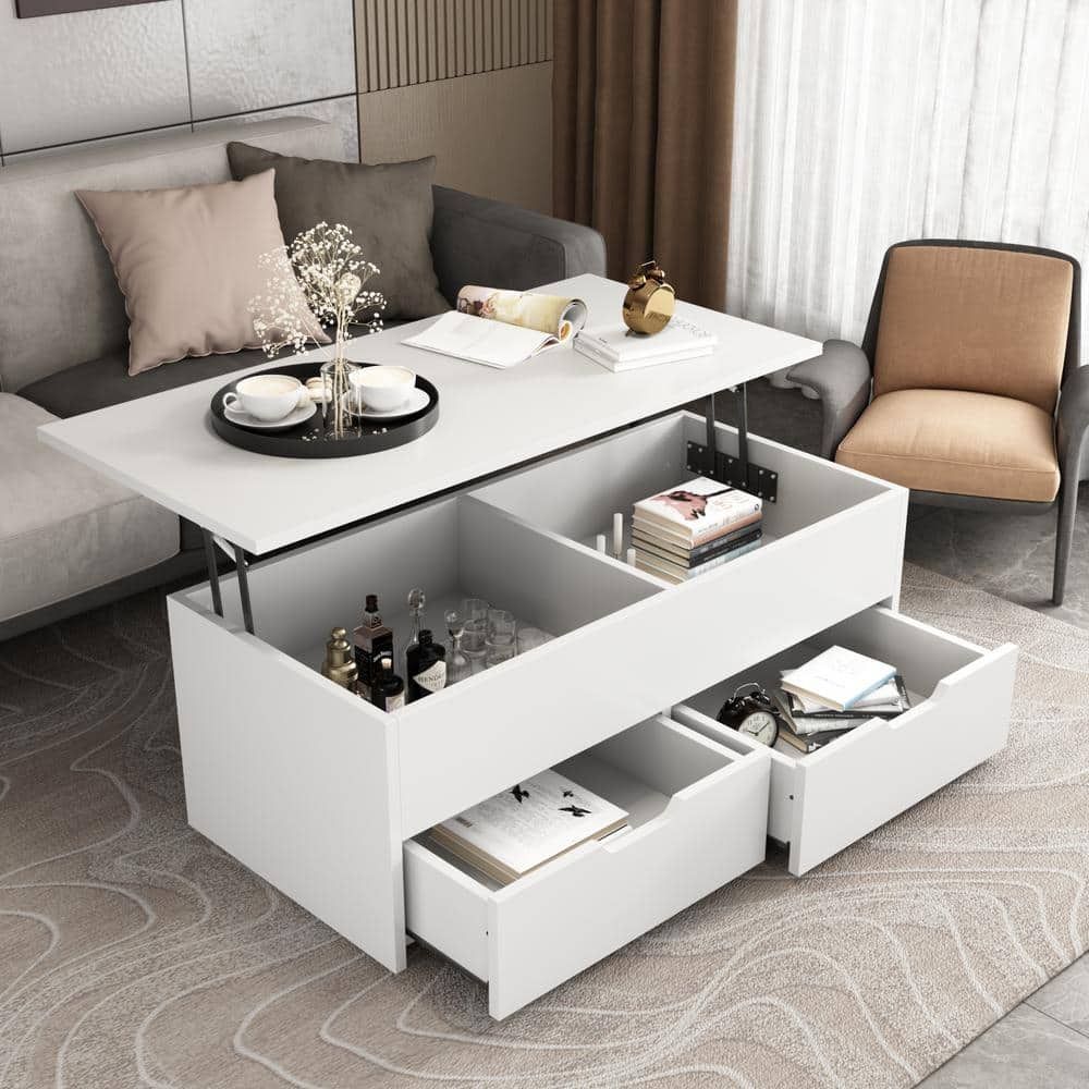 Fufu&gaga 45.3 In. White Rectangle Mdf Wood Lift Top Coffee Table With  Hidden Storage Shelf And 2 Drawers Kf200019 01 – The Home Depot Within Lift Top Coffee Tables With Shelves (Photo 2 of 15)