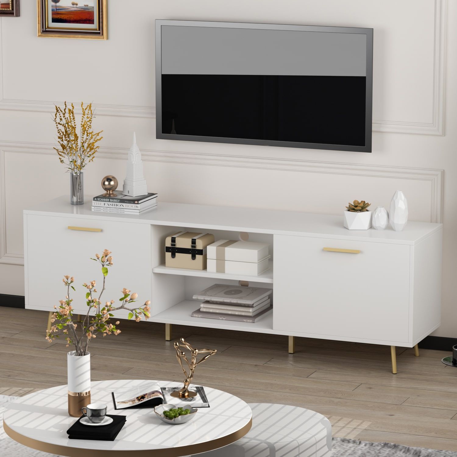 Fufu&gaga Tv Cabinet Stand Modern/contemporary White Tv Cabinet Integrated  Tv Mount (accommodates Tvs Up To 70 In) In The Tv Stands Department At  Lowes Regarding White Tv Stands Entertainment Center (View 7 of 15)
