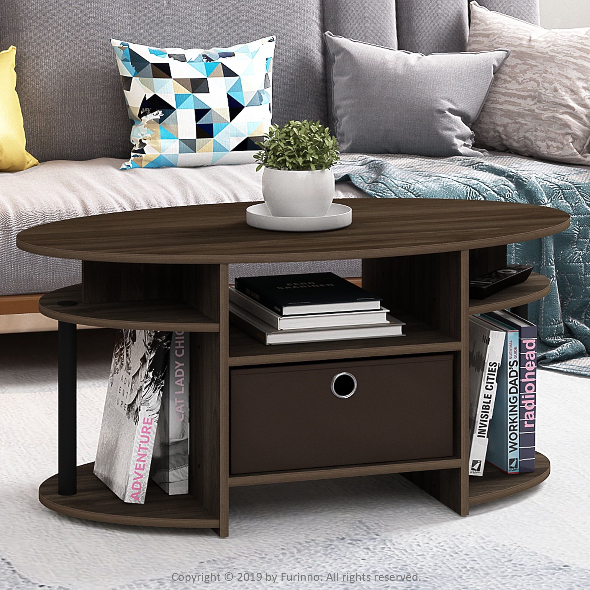 Furinno Jaya Simple Design Oval Coffee Table With Bin, Columbia  Walnut/black/dark Brown – Walmart Pertaining To Simple Design Coffee Tables (View 12 of 15)