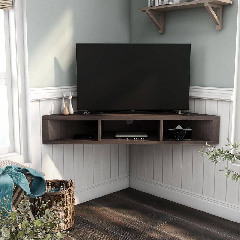 Furniture Of America Emmeline 47 In. Walnut And Oak Particle Board Corner Tv  Stand Fits Tvs Up To 52 In. With Cable Management Idi 182359 – The Home  Depot In Top Shelf Mount Tv Stands (Photo 5 of 15)