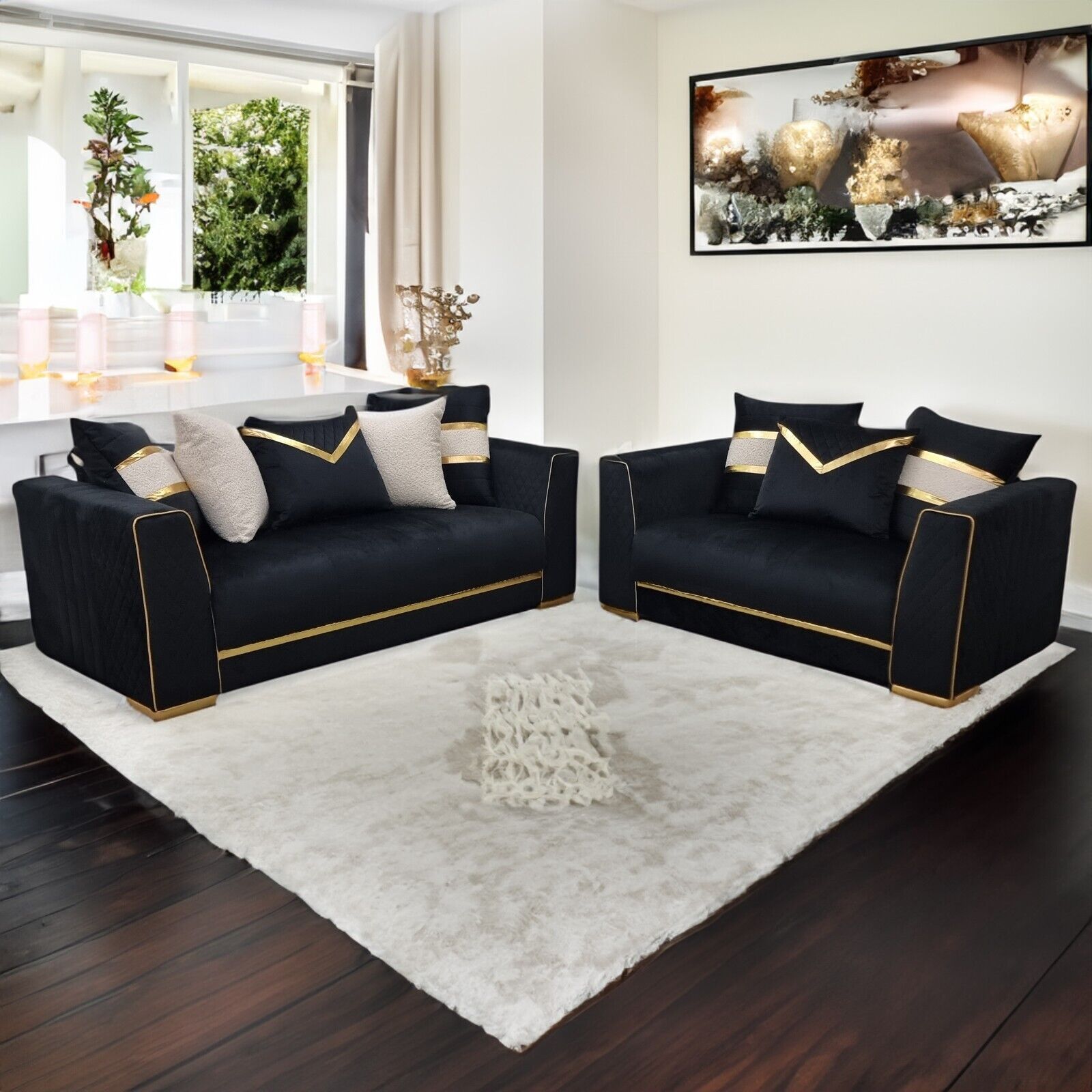 Furnituredw Empire 3 & 2 Seater Velvet Sofa Set Black & Gold For Living  Room | Ebay Within Sofas In Black (View 14 of 15)