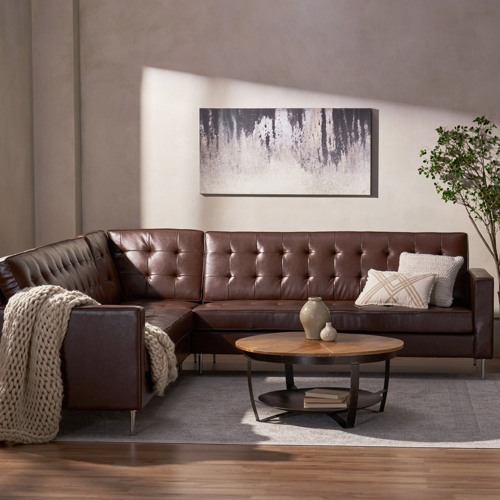 Gebo Contemporary Faux Leather Tufted 5 Seater Sectional Sofa Set, Dark  Brown And Chrome Inside Faux Leather Sectional Sofa Sets (View 4 of 15)