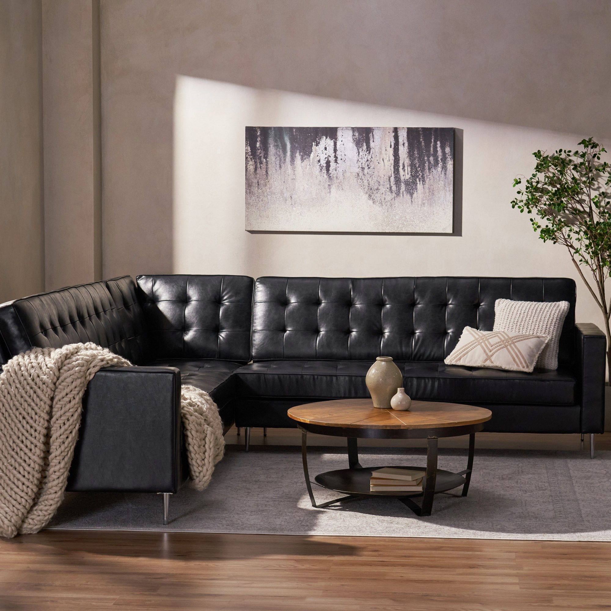 Gebo Contemporary Faux Leather Tufted 5 Seater Sectional Sofa Set, Midnight  Black And Chrome With Faux Leather Sectional Sofa Sets (View 9 of 15)