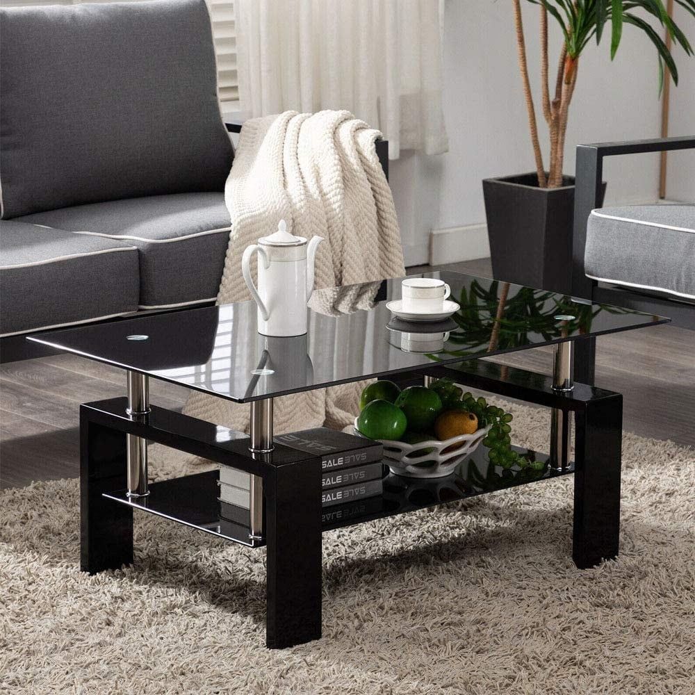 Glass Center Table, Black Rectangle Side Coffee Table With Lower Shelf,  Modern Coffee Table With Metal Legs, Rectangle Center Table Sofa Table For  Living Room, 39.37"x23.62"x (View 3 of 15)