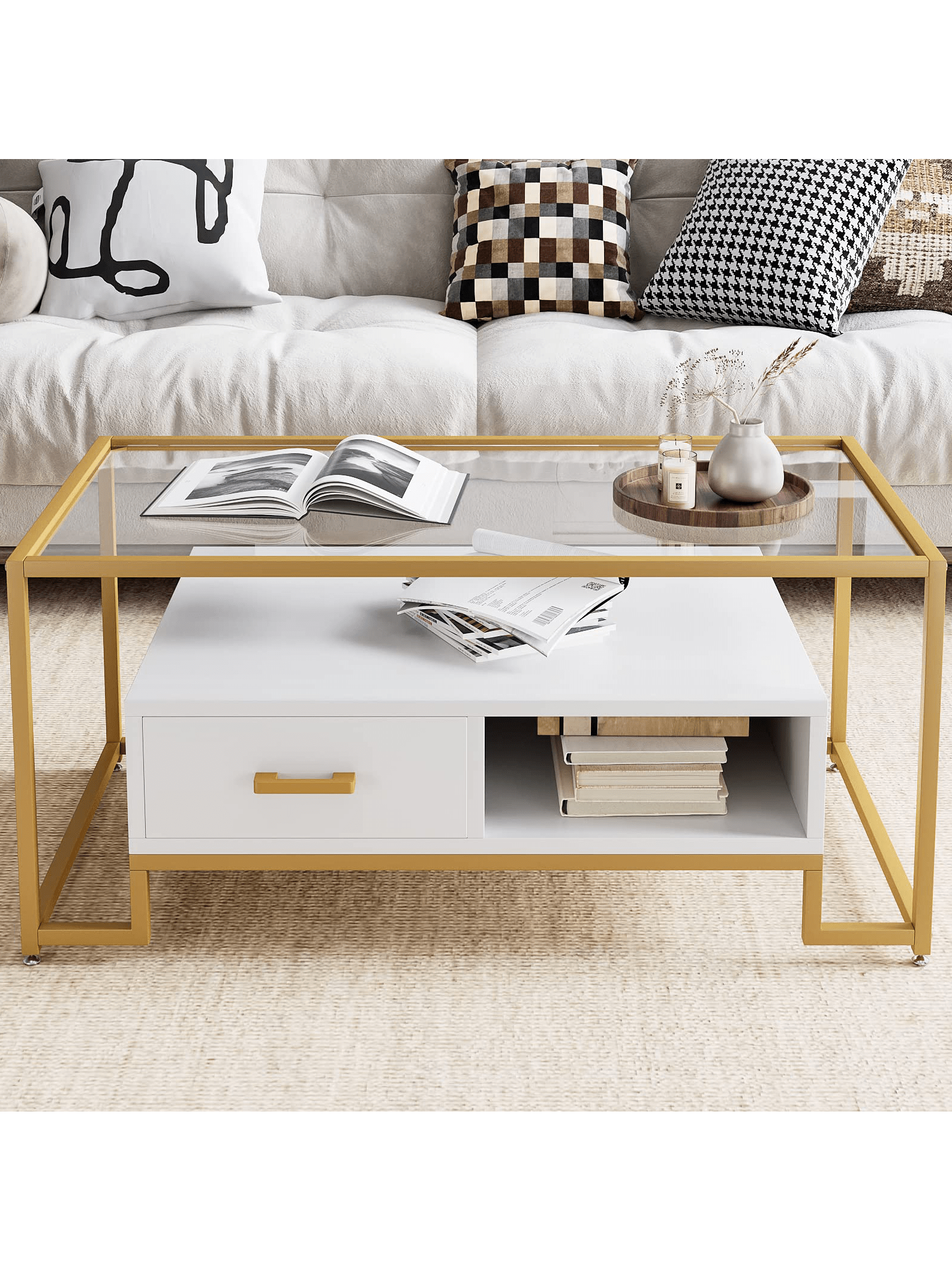 Glass Coffee Table With Drawer And Open Storage Shelf, Tempered Glass Top  And Metal Frame, Modern Simple Center Table For Home Living Room Apartment  Office | Shein Usa In Coffee Tables With Open Storage Shelves (View 14 of 15)