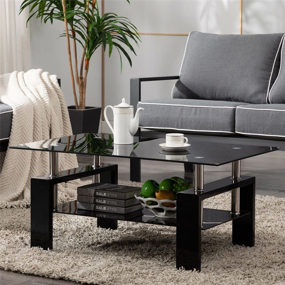 Glass Coffee Table With Lower Shelf, Black Rectangle Glass Coffee Table,  Modern Coffee Table With Metal Legs, Rectangle Center Table Sofa Table Home  Furniture For Living Room, L5509 – Walmart In Glass Coffee Tables With Lower Shelves (Photo 6 of 15)