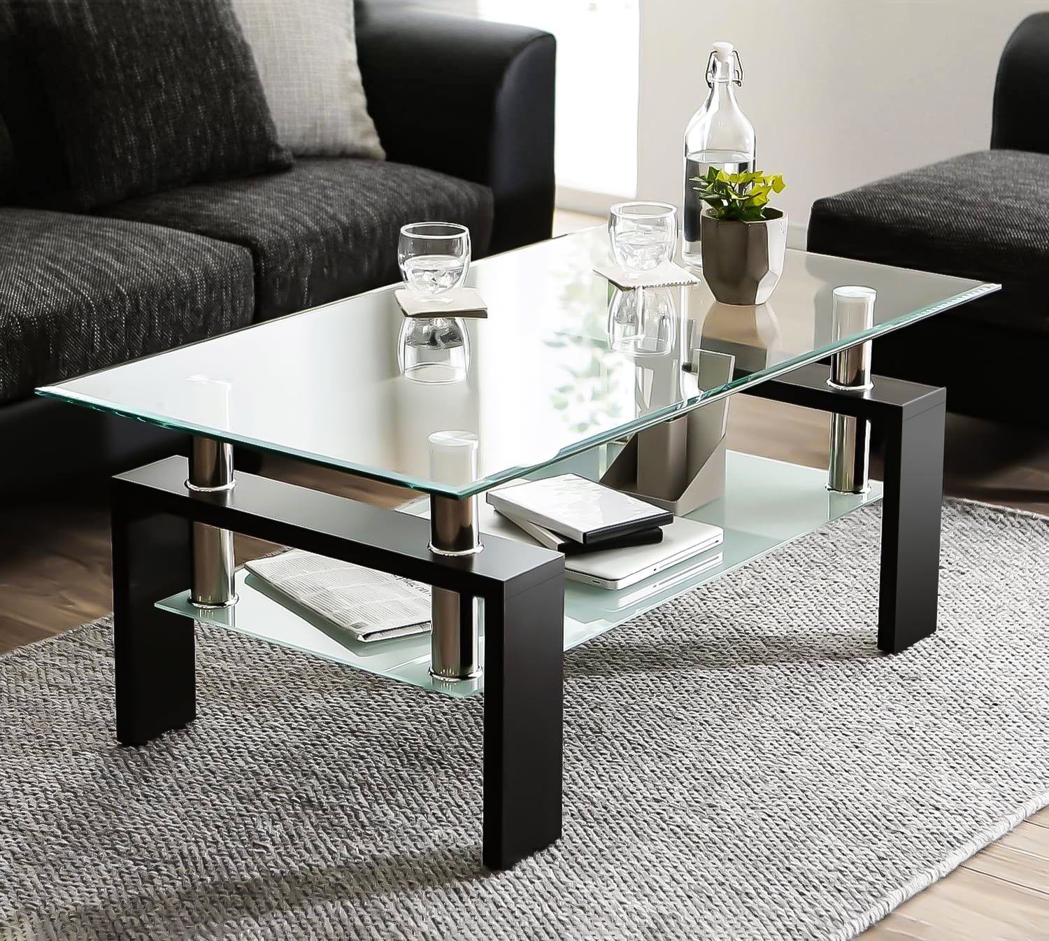 Glass Coffee Table With Lower Shelf, Clear Rectangle Glass Coffee Table,  Modern Coffee Table With Metal Legs, Rectangle Center Table Sofa Table Home  Furniture For Living Room, L5509 – Walmart In Clear Rectangle Center Coffee Tables (Photo 1 of 15)