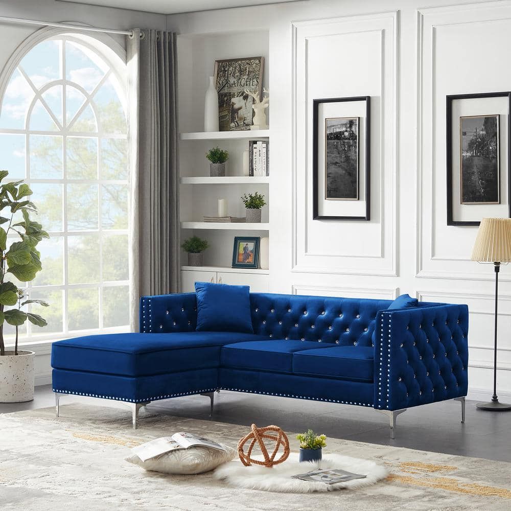 Gojane 82.3 In. W Square Arm 2 Piece Velvet L Shaped Sectional Sofa In Blue  With Jeweled Buttons W1117s00011lwy – The Home Depot For Sofas In Blue (Photo 4 of 15)