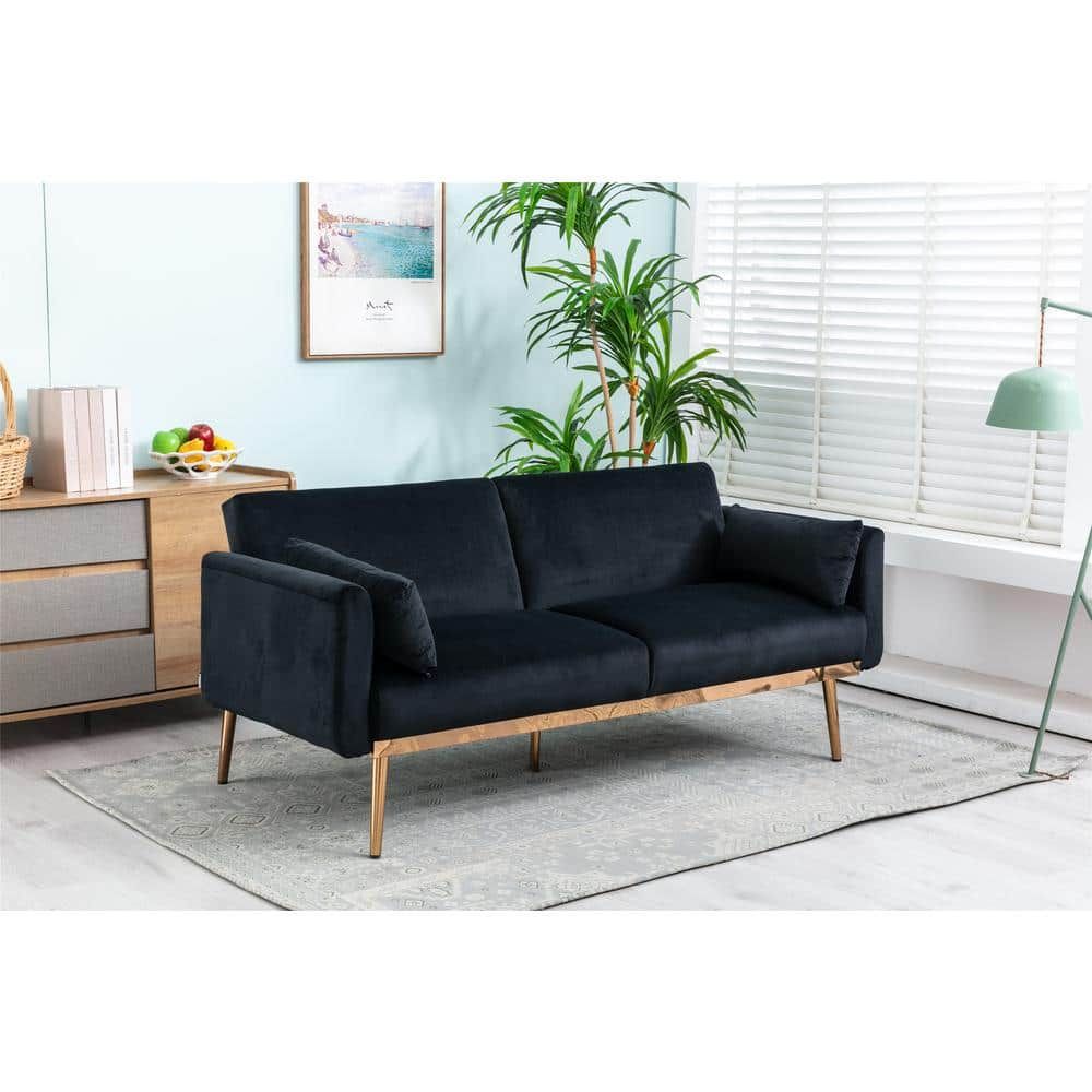 Gosalmon 68.5 In. Wide Black Velvet Twin Size Sofa Bed, Loveseat With Metal  Feet W39536203nyy – The Home Depot Throughout 2 Seater Black Velvet Sofa Beds (Photo 5 of 15)