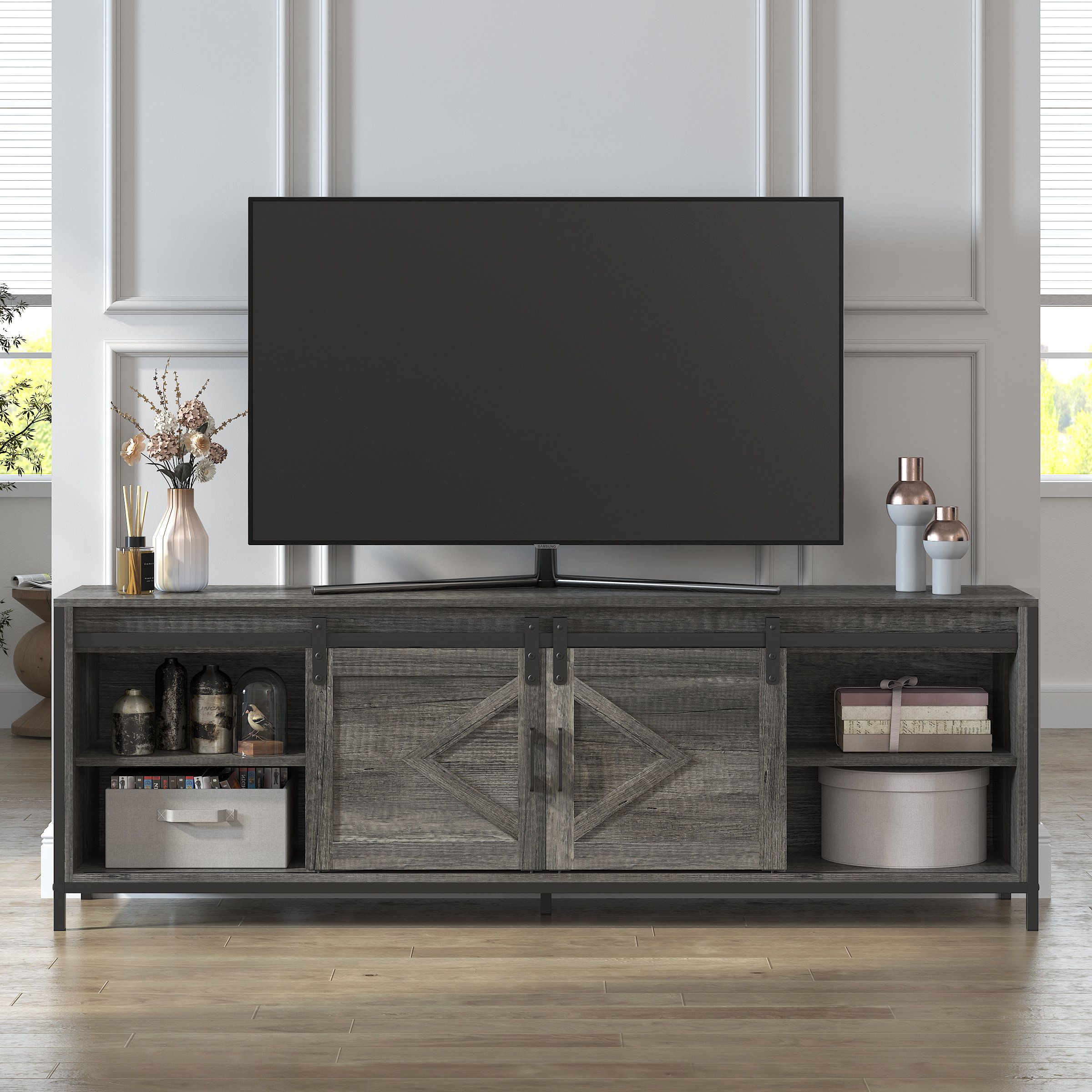 Gracie Oaks 60 Inches Modern Farmhouse Barn Door Tv Stand Up To 70" |  Wayfair Intended For Modern Farmhouse Barn Tv Stands (Photo 14 of 15)