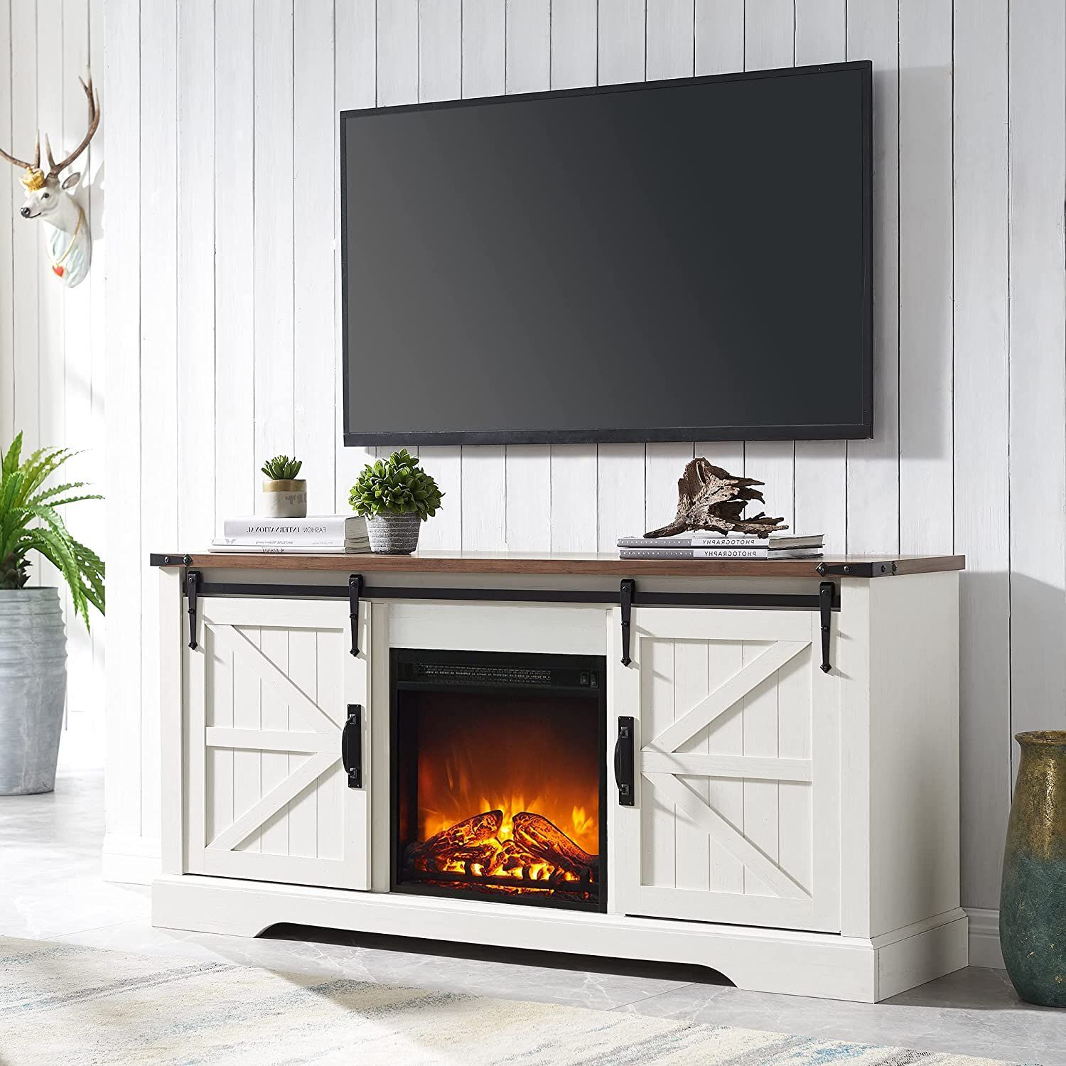 Gracie Oaks Farmhouse Tv Stand For 65 Inch Tv With 18" Electric Fireplace,  Sliding Barn Door, Adjustable Storage & Reviews | Wayfair Throughout Farmhouse Stands With Shelves (View 11 of 15)