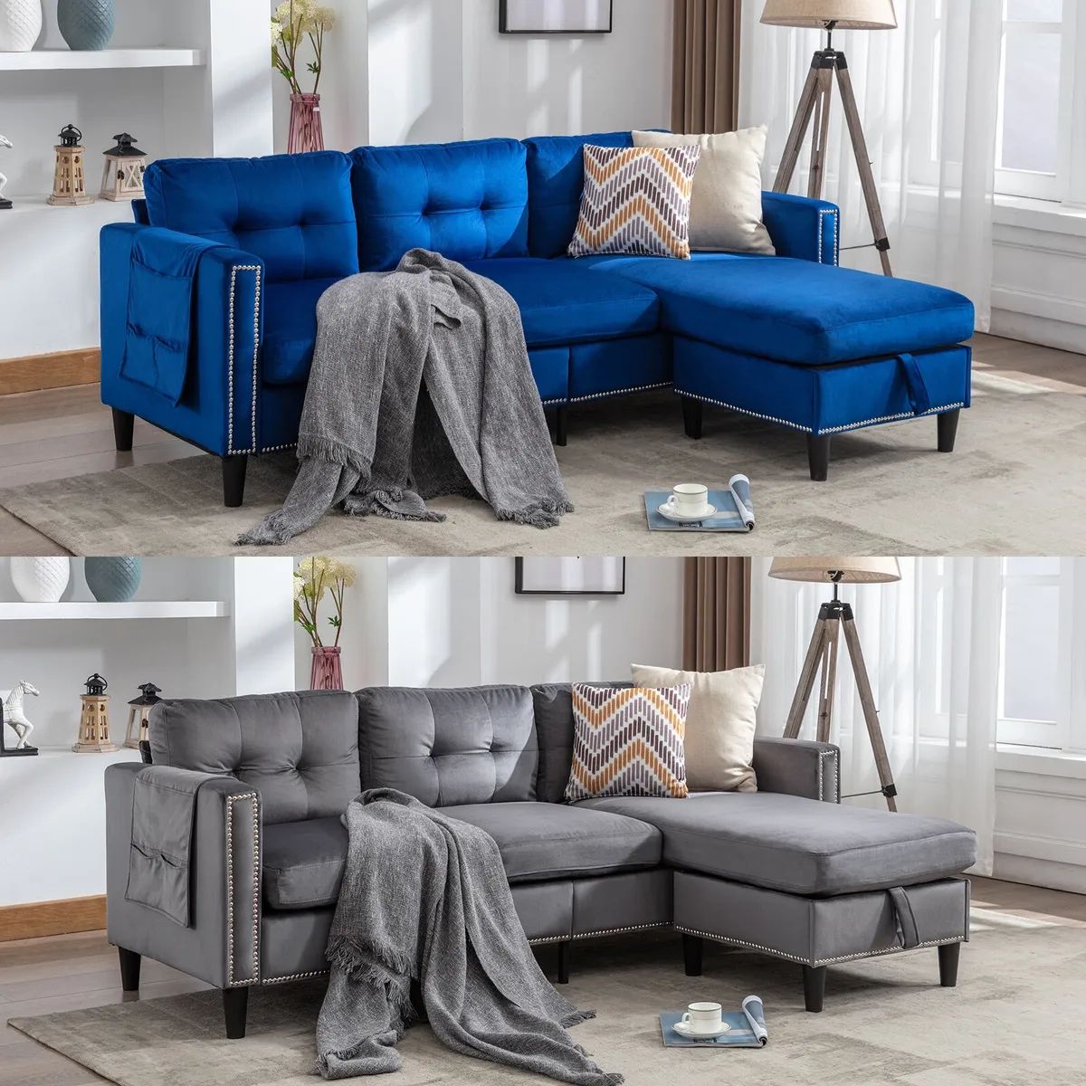 Gray/blue Velvet L Shape Convertible Sofa Couch Reversible Chaise W/  Storage,usb | Ebay Inside L Shape Couches With Reversible Chaises (Photo 9 of 15)