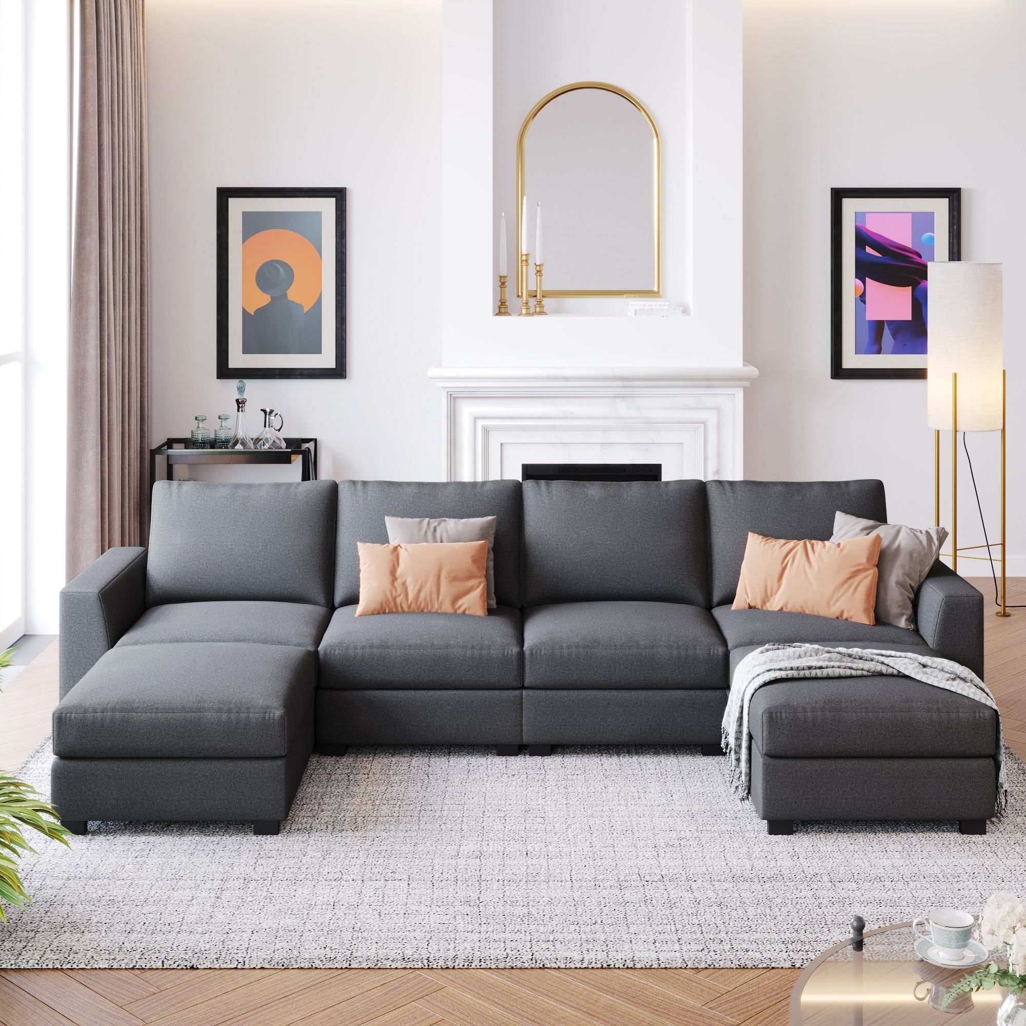 Gray Polyester U Shaped Sectional Sofa With Removable Ottomans And  Convertible Design, Seats 6 Comfortably – Bed Bath & Beyond – 38344478 Inside Modern U Shape Sectional Sofas In Gray (Photo 1 of 15)