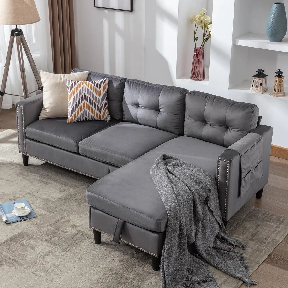 Gray Velvet L Shape Convertible Sofa Couch Reversible Chaise With Storage,  Usb | Ebay In L Shape Couches With Reversible Chaises (Photo 14 of 15)