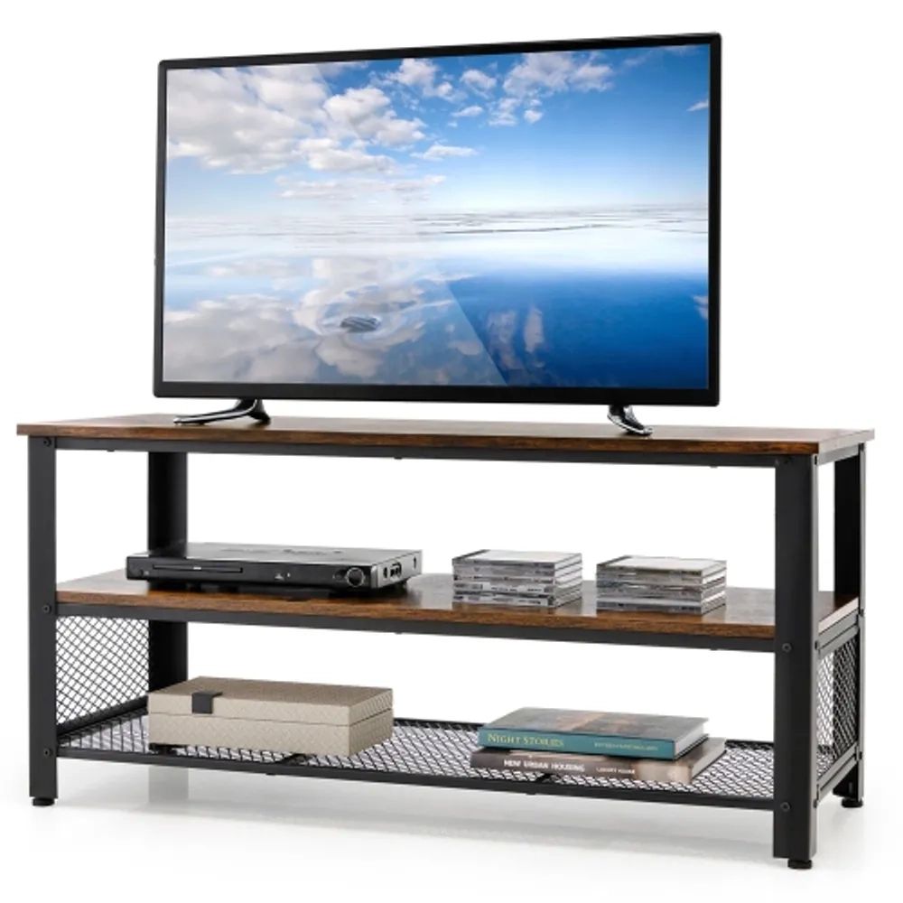 Gymax 3 Tier Industrial Tv Stand Entertainment Media Center Console W/  Metal Mesh Shelf | Scarborough Town Centre Pertaining To Tier Stands For Tvs (Photo 12 of 15)