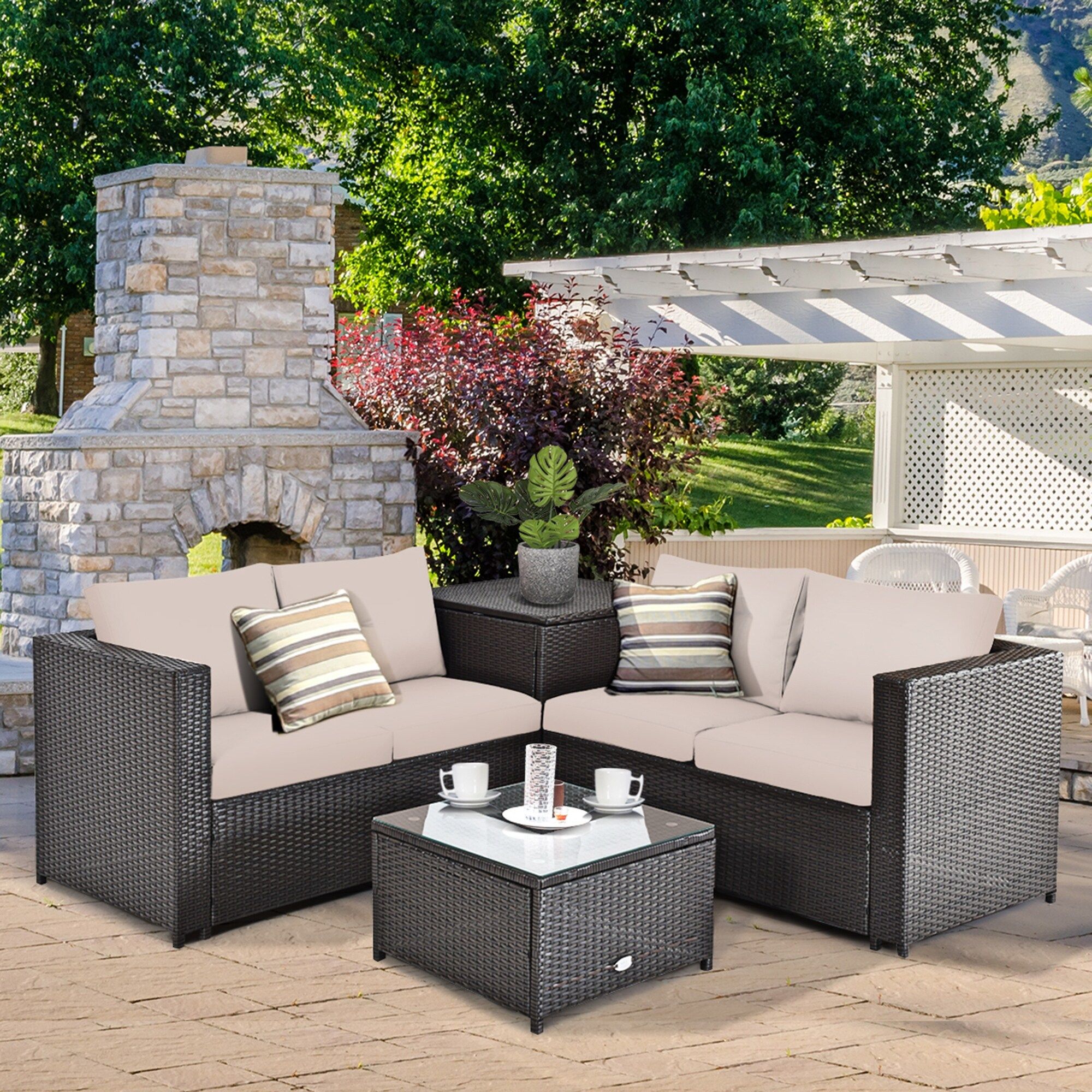 Gymax 4pcs Cushioned Rattan Patio Conversation Set W/ Coffee Table – On  Sale – Bed Bath & Beyond – 35488757 Regarding 4pcs Rattan Patio Coffee Tables (View 2 of 15)