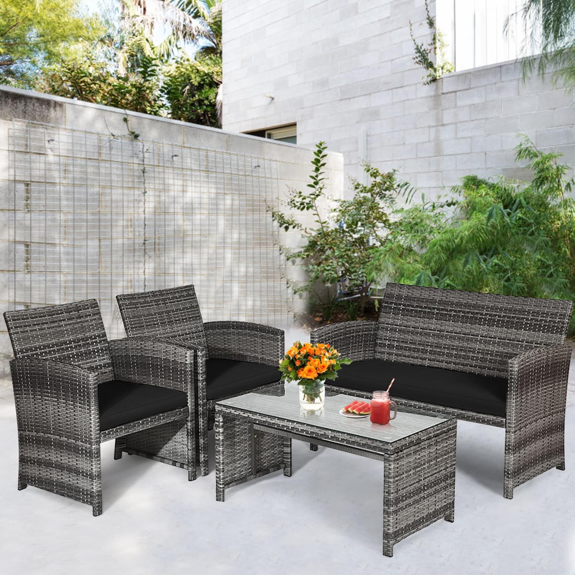 Gymax 4pcs Patio Outdoor Rattan Conversation Furniture Set W/ Cushion – Bed  Bath & Beyond – 35319166 Throughout 4pcs Rattan Patio Coffee Tables (View 8 of 15)