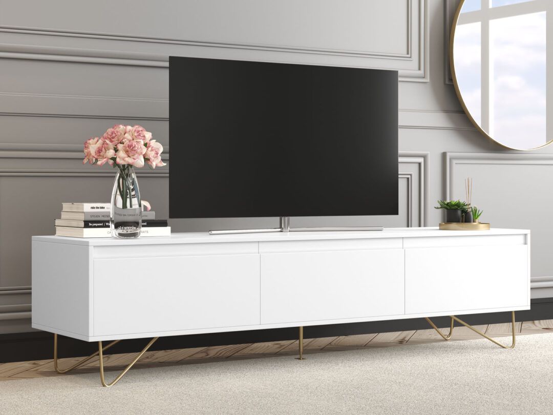 Hairpin Tv Stand 3 Drawer Stylo Satin White – Furniturespot With White Tv Stands Entertainment Center (View 8 of 15)