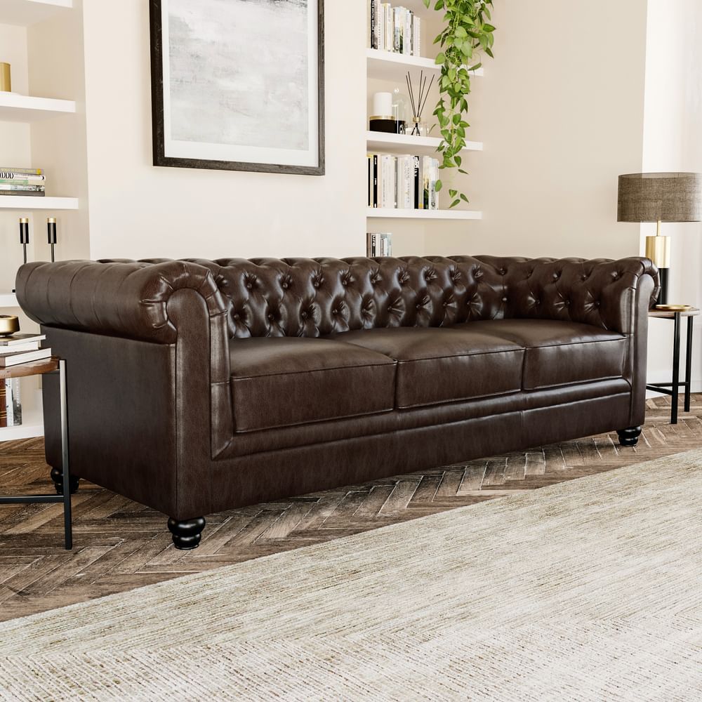 Hampton 3 Seater Chesterfield Sofa, Antique Chestnut Classic Faux Leather  Only £ (View 3 of 15)