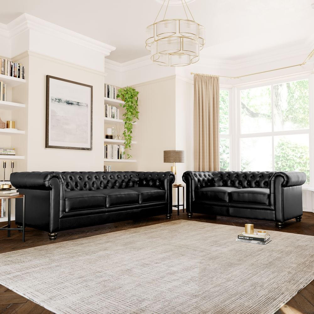 Hampton 3+2 Seater Chesterfield Sofa Set, Black Classic Faux Leather Only  £1449.98 | Furniture And Choice With Regard To Traditional Black Fabric Sofas (Photo 10 of 15)