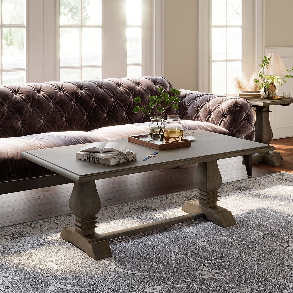 Hampton Rustic Coffee Table, Solid Mango Wood Rectangular Top With Double  Pedestal Balustrade Base Intended For Rectangular Coffee Tables With Pedestal Bases (View 2 of 15)