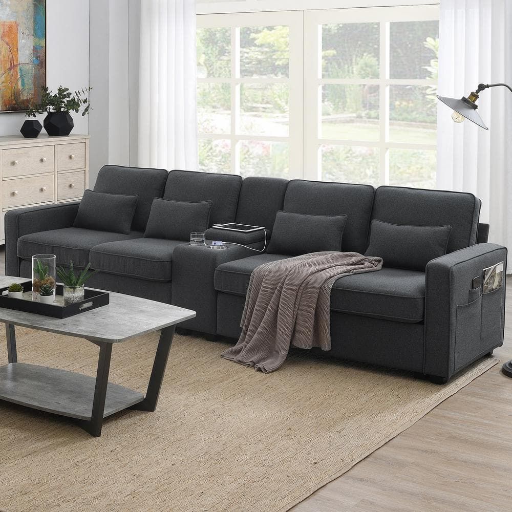 Harper & Bright Designs 114.2 In. W Square Arm Linen Rectangle Sofa In. Dark  Gray With Console, 2 Cup Holders, Wired And Wireless Charging Gtt010aar –  The Home Depot Throughout Sofas In Dark Gray (Photo 12 of 15)