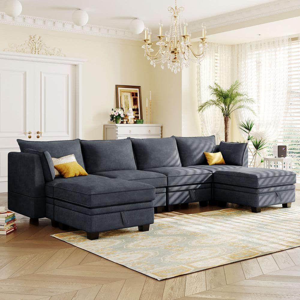 Harper & Bright Designs 115 In. W Flared Arm 6 Piece Linen U Shape Modern Sectional  Sofa In Dark Gray With Storage Wyt109aad – The Home Depot Throughout Dark Gray Sectional Sofas (Photo 15 of 15)