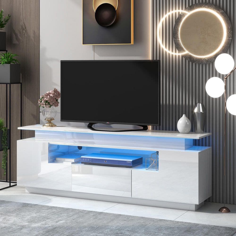 Harper & Bright Designs Stylish 67 In. White Tv Stand With Cabints, Drawer  And Shelf Fits Tv's Up To 75 In. With Color Changing Led Lights Lxy010aak –  The Home Depot With Regard To Dual Use Storage Cabinet Tv Stands (Photo 10 of 16)