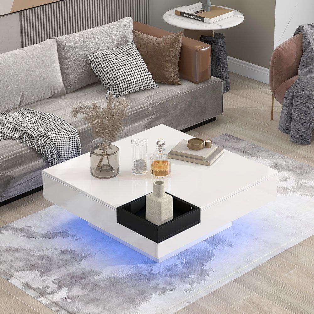 Hassch Modern Coffee Table With Detachable Tray, Minimalist Square Cocktail  Table With Led Lights, Remote Control For Living Room, White – Walmart With Hassch Modern Square Cocktail Tables (View 3 of 15)