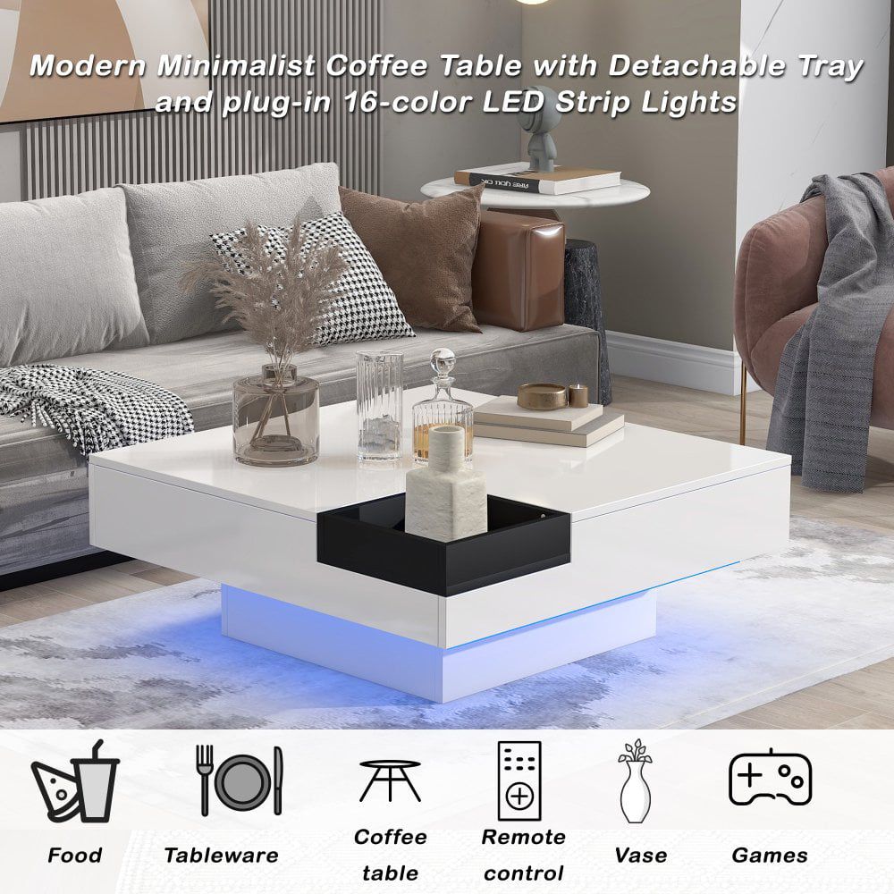 Hassch Modern Coffee Table With Detachable Tray, Minimalist Square Cocktail  Table With Led Lights, Remote Control For Living Room, White – Walmart Within Hassch Modern Square Cocktail Tables (View 7 of 15)