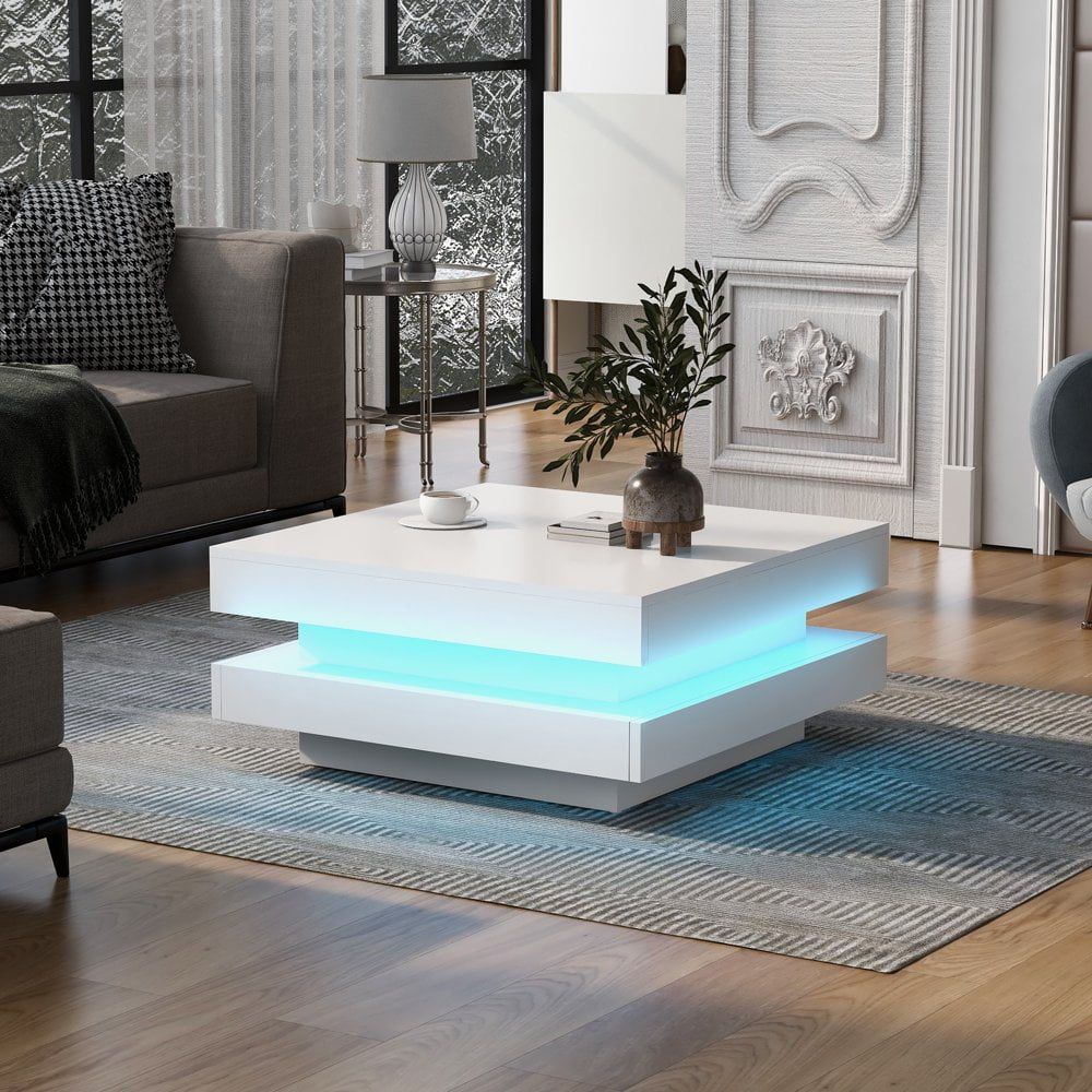 Hassch Modern Coffee Table With Led Lights, Minimalist Square Cocktail Table  For Living Room, White – Walmart Inside Hassch Modern Square Cocktail Tables (View 5 of 15)