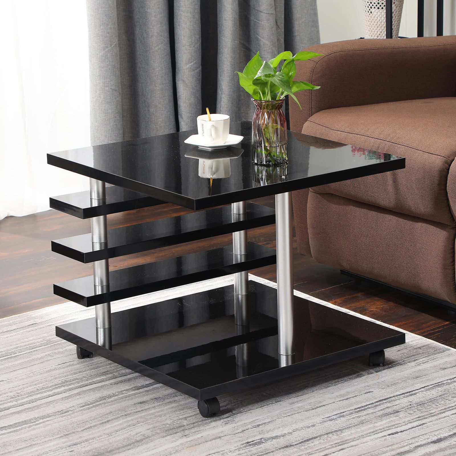 Hassch Modern Coffee Table With Led Lights Wood End Table With Wheels And  Storage Shelf For Home Bar Club, Black – Walmart Inside Hassch Modern Square Cocktail Tables (Photo 12 of 15)