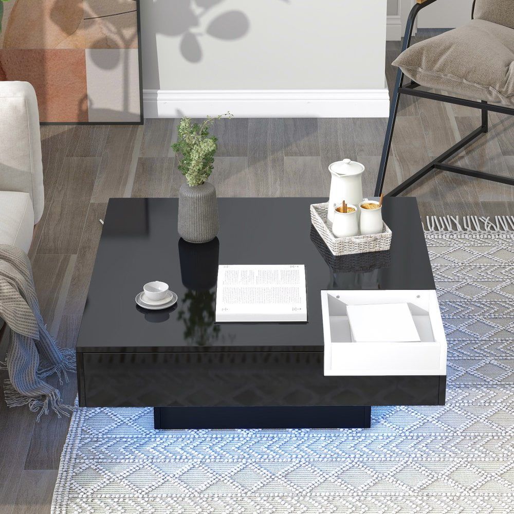 Hassch Modern Square Coffee Table With Detachable Tray, Minimalist Cocktail  Table With 16 Color Led Lights, Remote Control For Living Room, Black –  Walmart For Hassch Modern Square Cocktail Tables (Photo 2 of 15)