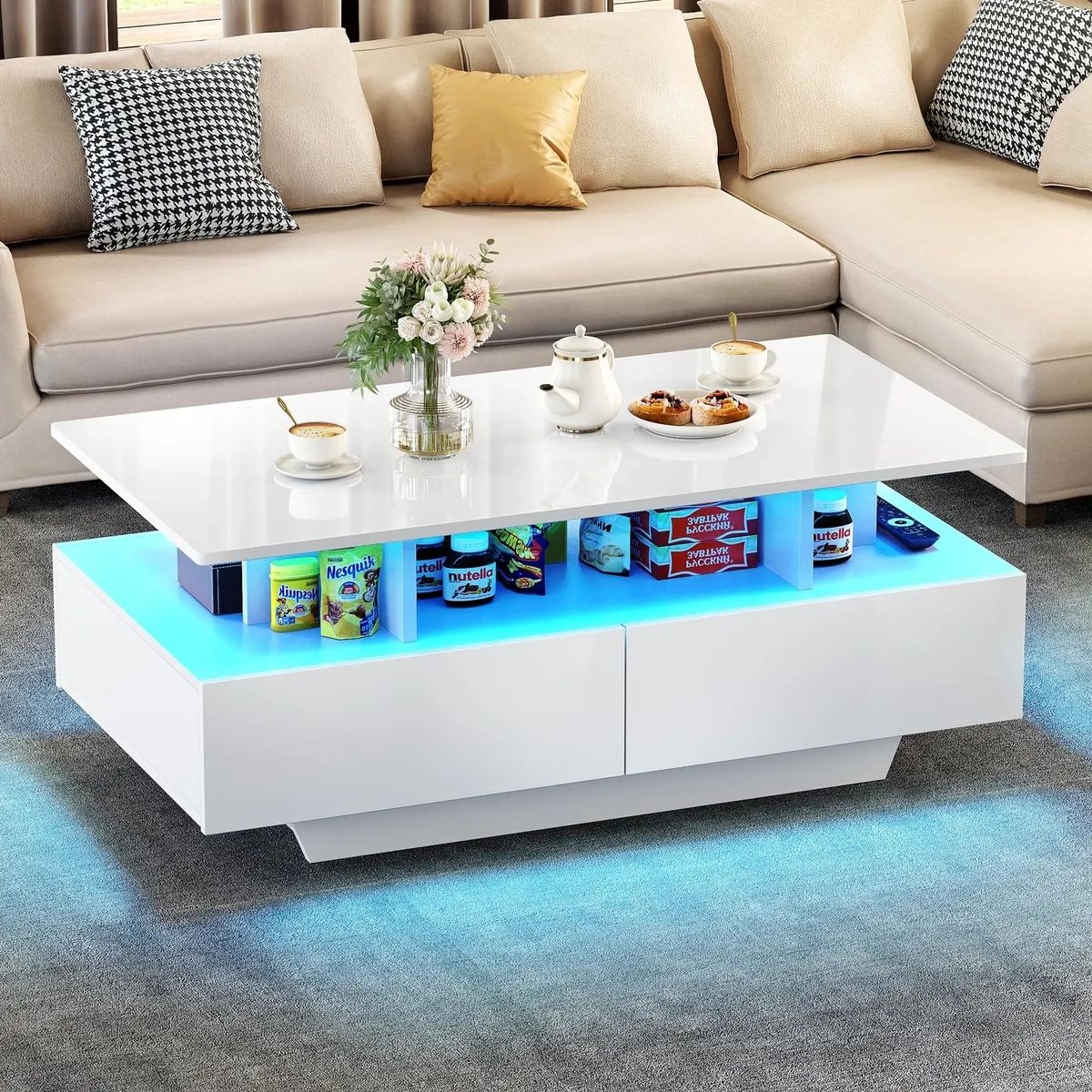 High Gloss Coffee Table Center Cocktail Table With Led Lights & Sliding  Drawers | Ebay For Coffee Tables With Drawers And Led Lights (View 2 of 15)
