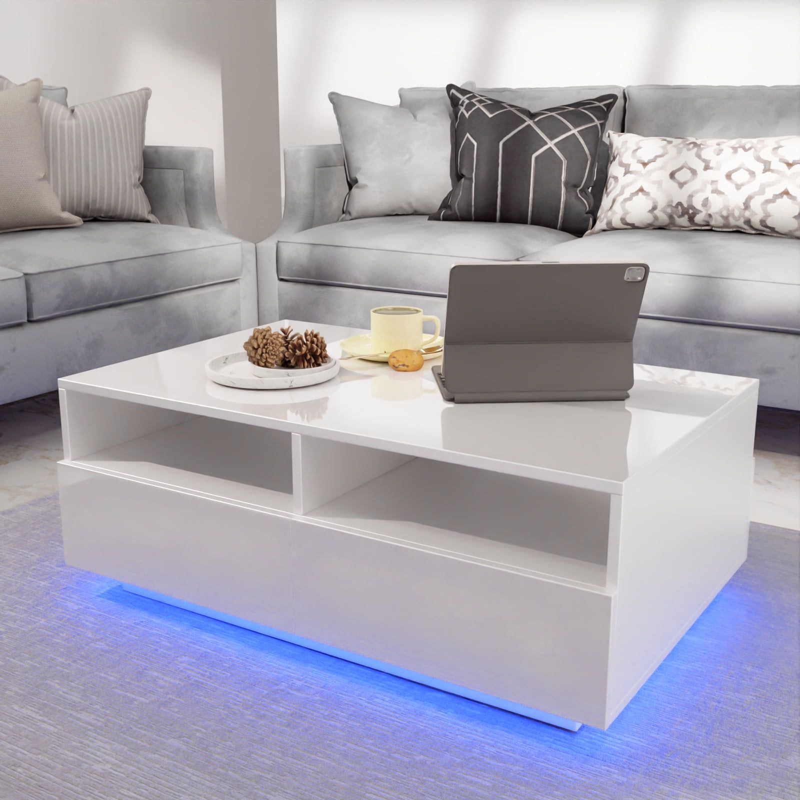 High Gloss Led Coffee Table Modern Center Tea Table With Adjustable Led  Light And Storage 35.4 X 21.7 X  (View 11 of 15)