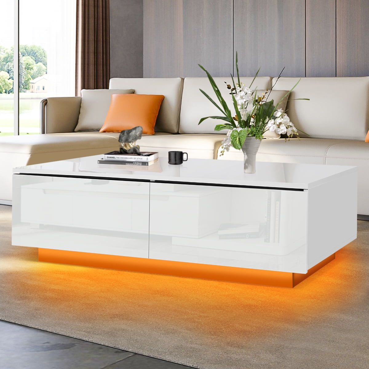 High Gloss Rectangle Coffee Table Led Cocktail Tables With 4 Storage Drawers  Modern Center Tea Table For Living Room – Walmart Throughout Led Coffee Tables With 4 Drawers (View 10 of 15)