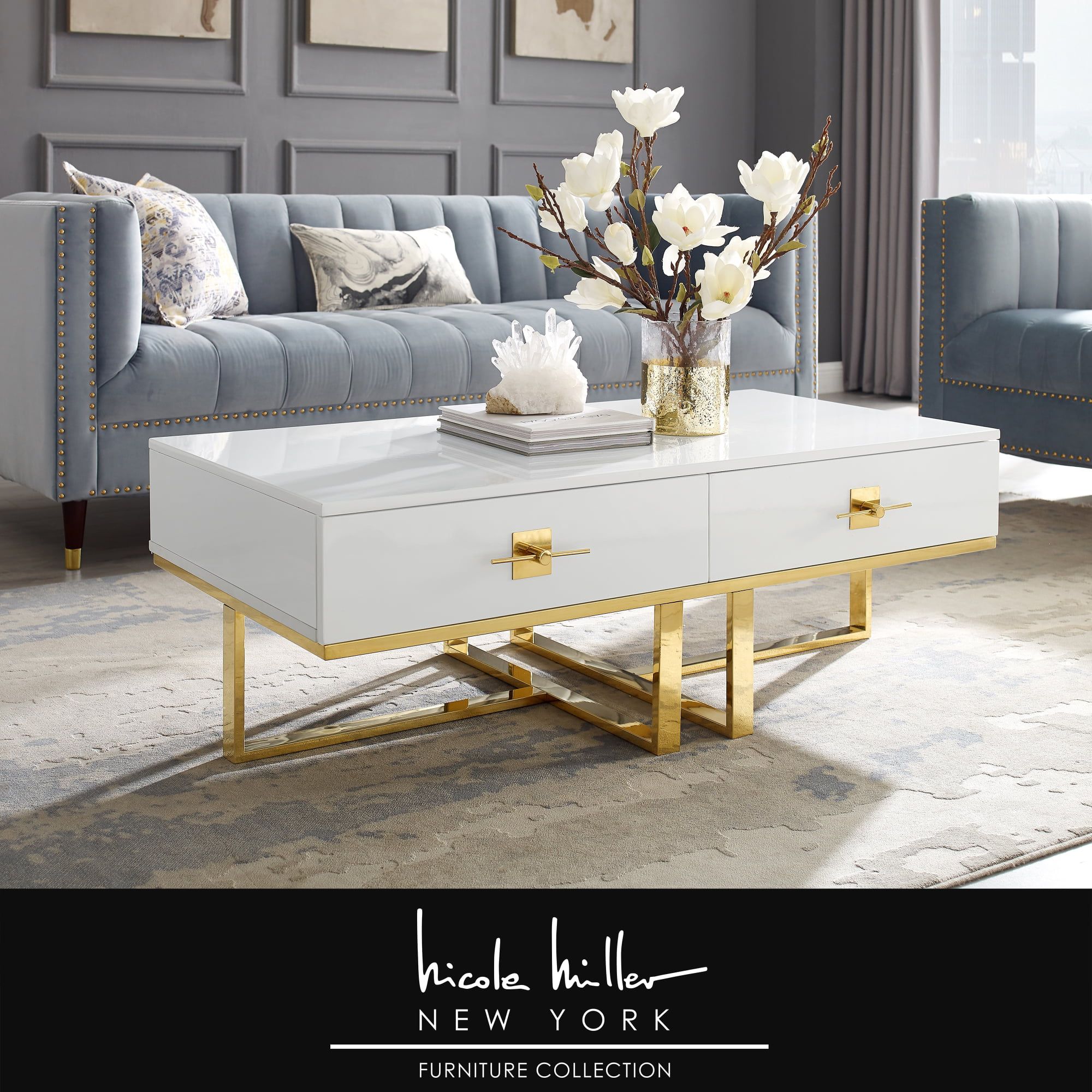 Hilo Coffee Table – 2 Drawers, Hight Gloss Lacquer Finish, Polished  Stainless Steel Base, White/gold – Walmart In Glossy Finished Metal Coffee Tables (View 11 of 15)