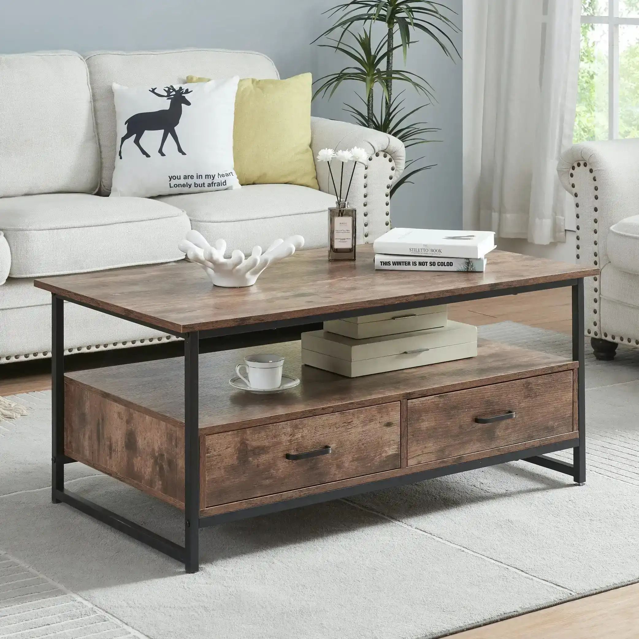 Hliving Rectangular Farmhouse Coffee Table With Open Storage Shelves And 2  Drawers,rustic Brown | C&p Decoway | Lasoo Pertaining To Coffee Tables With Open Storage Shelves (View 5 of 15)
