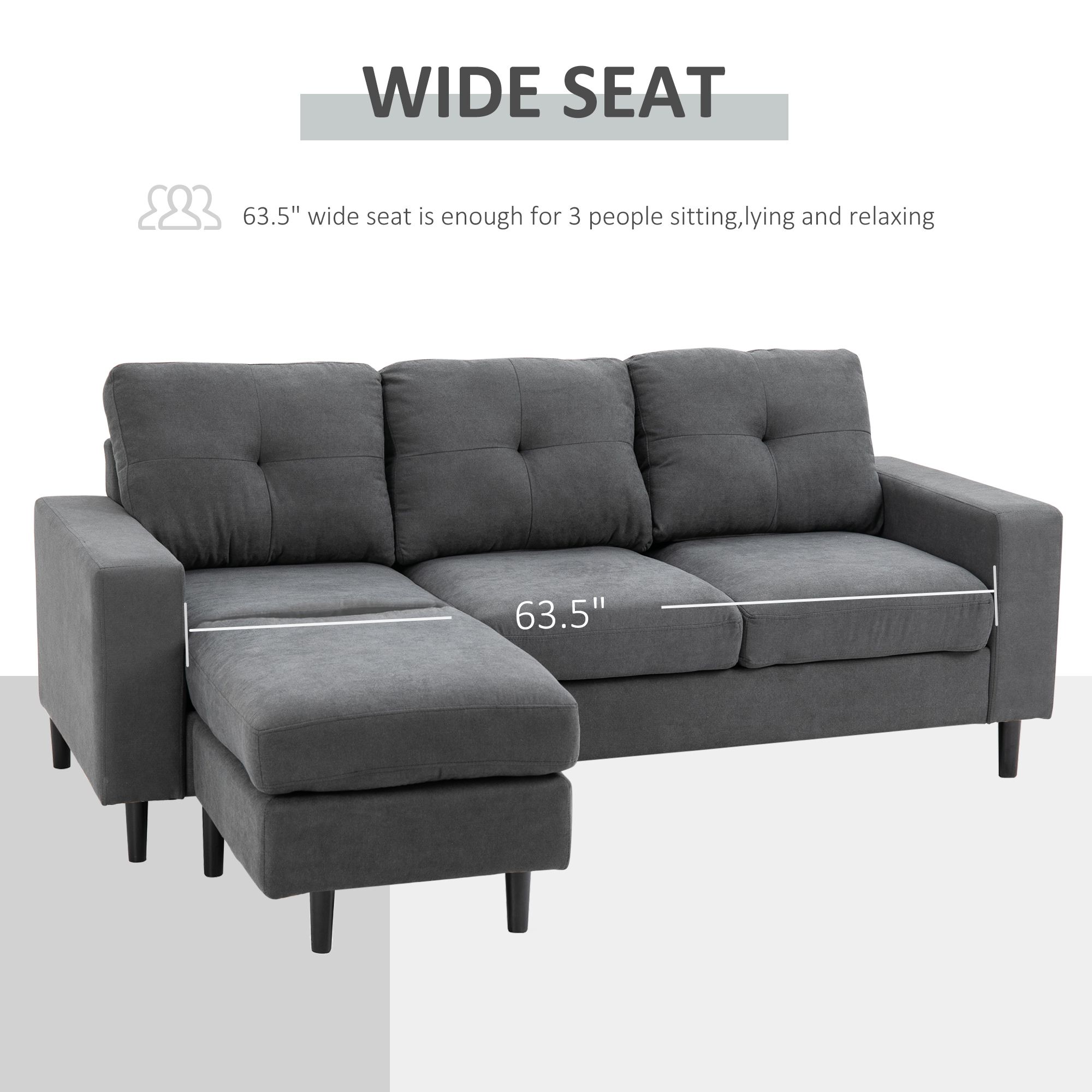 Homcom L Shape 3 Seater Fabric Sofa Couch 1 Chaise Longue 1 Loveseat With  Rubber Wood Leg With Thick Sponge Cushion Armrest For Living Room Bedroom  Office Dark Grey Linen Frame | Aosom Intended For 3 Seat L Shaped Sofas In Black (Photo 7 of 15)