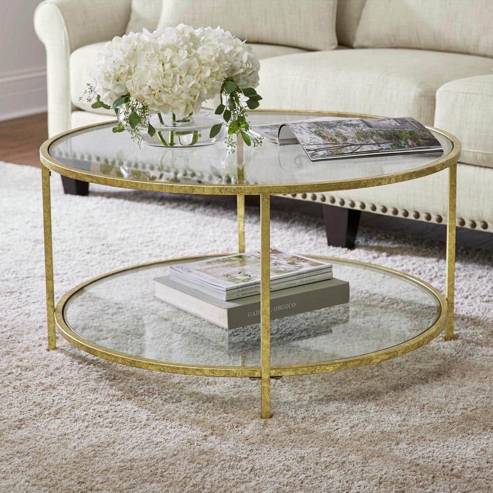 Home Decorators Collection Bella 34 In. Gold Leaf/clear Medium Round Glass  Coffee Table With Shelf V174742xxa Np – The Home Depot Within Glass Coffee Tables With Lower Shelves (Photo 15 of 15)