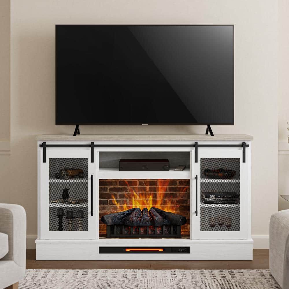 Home Decorators Collection Bramble 63 In. Freestanding Electric Fireplace  Tv Stand W/ Sliding Mesh Barn Door In White W/ Washed Blonde Walnut Top  1361fm 26 352 – The Home Depot Within Electric Fireplace Tv Stands (Photo 4 of 15)