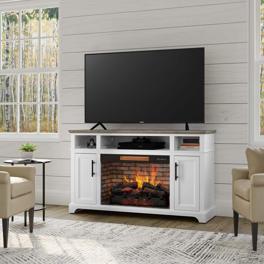 Home Decorators Collection Hillrose 52 In. Freestanding Electric Fireplace  Tv Stand In White With Rustic Taupe Oak Top 2240fm 26 201 – The Home Depot For Tv Stands With Electric Fireplace (Photo 3 of 15)