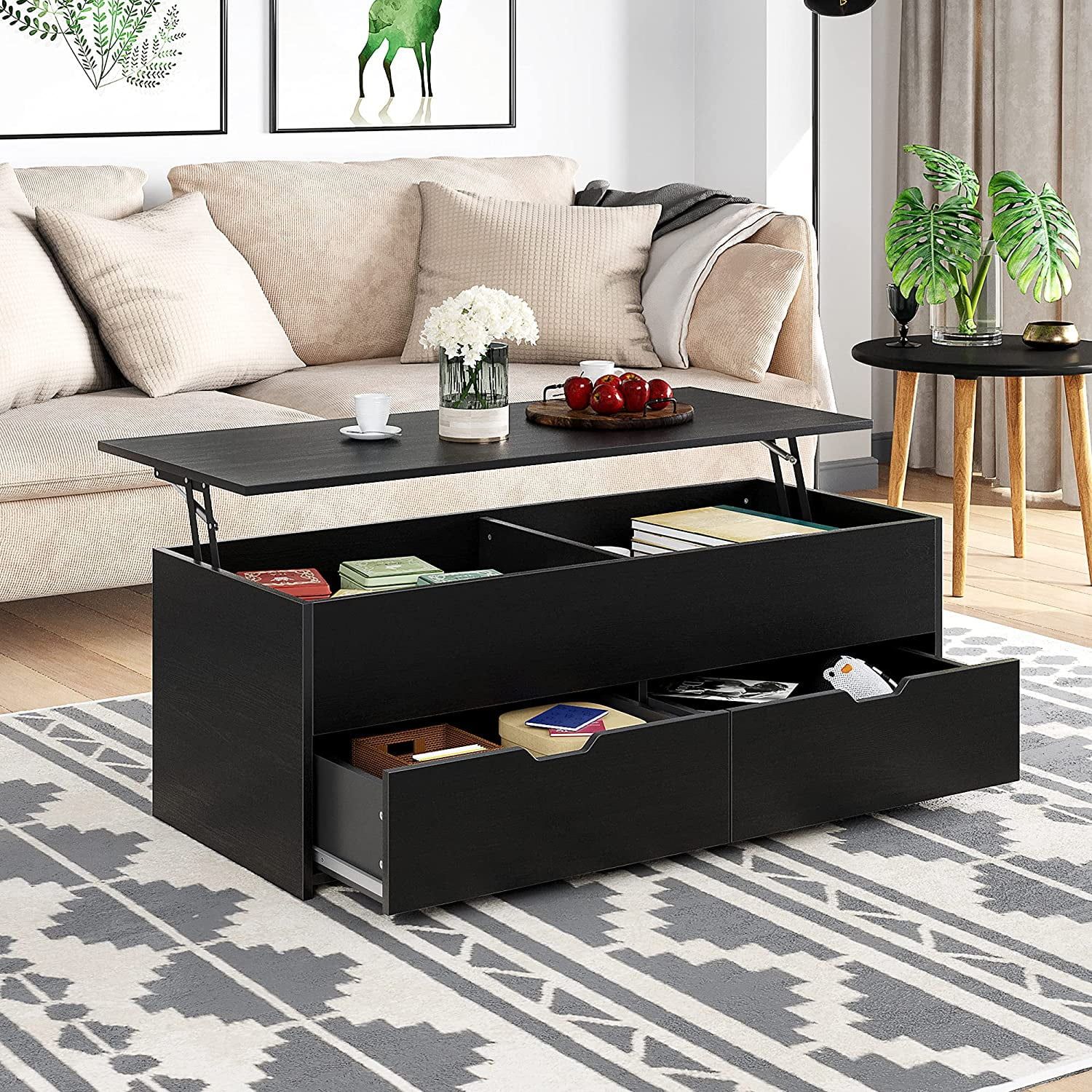 Homefort 45.3" Wood Lift Top Coffee Table With 2 Drawers And Hidden  Compartment, Cocktail Table, Black – Walmart Regarding Lift Top Coffee Tables With Storage Drawers (Photo 2 of 15)