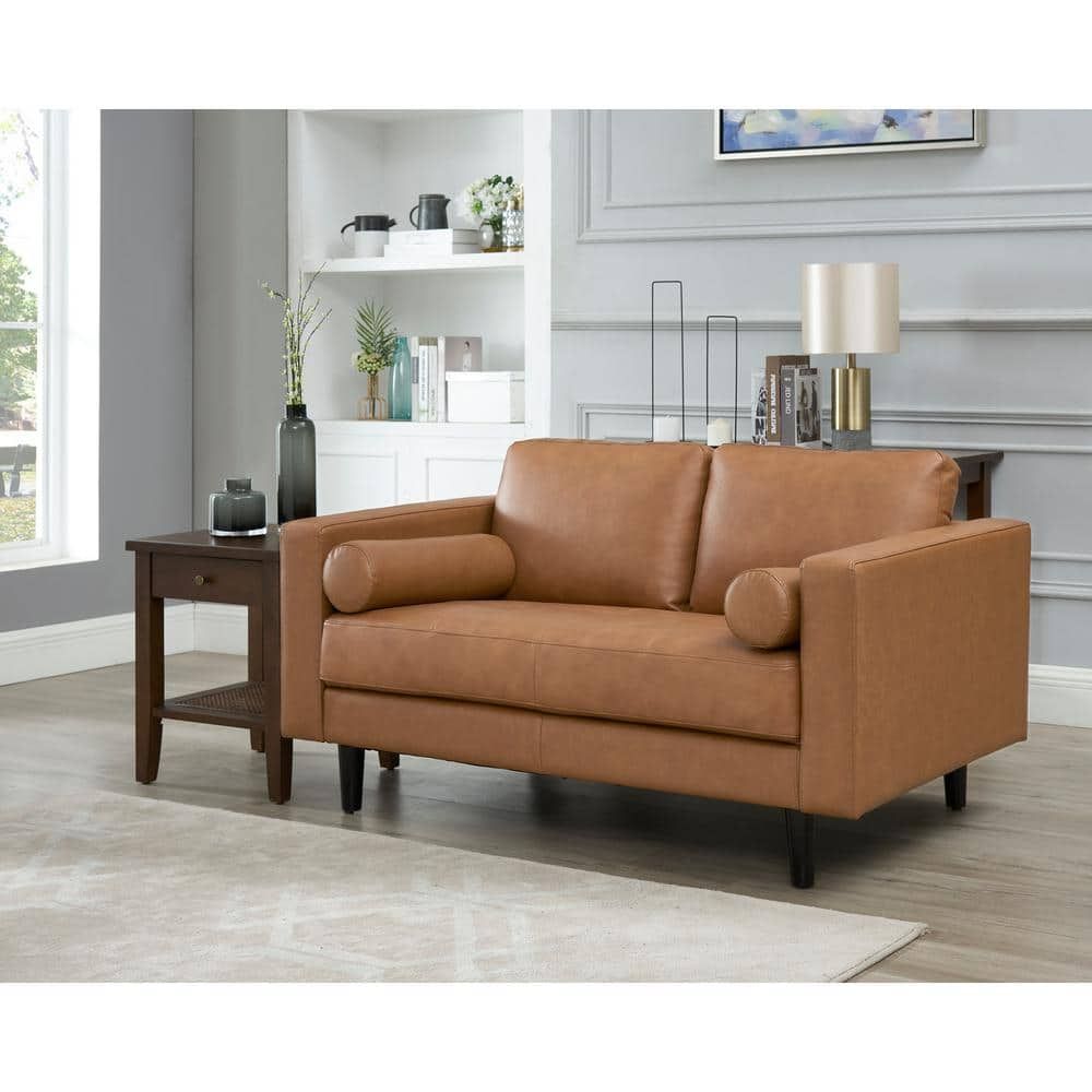 Homestock Tan Top Grain Mid Century Loveseat Sofa, Leather Couch, Mid  Century Couch Small Loveseat 99740 W – The Home Depot With Top Grain Leather Loveseats (View 3 of 15)