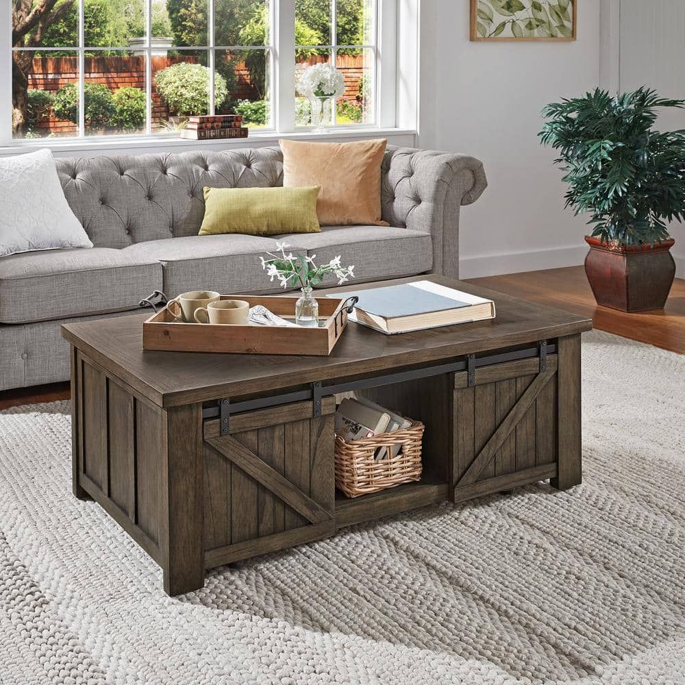 Homesullivan 48 In. Grey Rectangle Wood Barn Door Coffee Table With Storage  40811ga 30 – The Home Depot Regarding Lift Top Coffee Tables With Shelves (Photo 15 of 15)