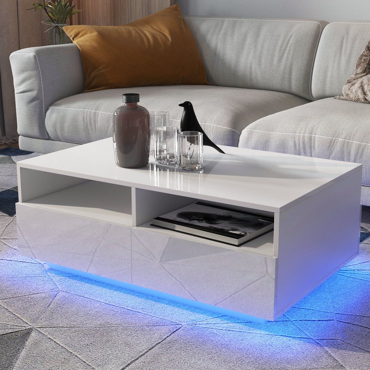 Hommpa Coffee Table With 4 Drawers And Open Shelf Led Center Table Sofa Side  Tea Tables White High Gloss Finish – Walmart Regarding Led Coffee Tables With 4 Drawers (Photo 2 of 15)