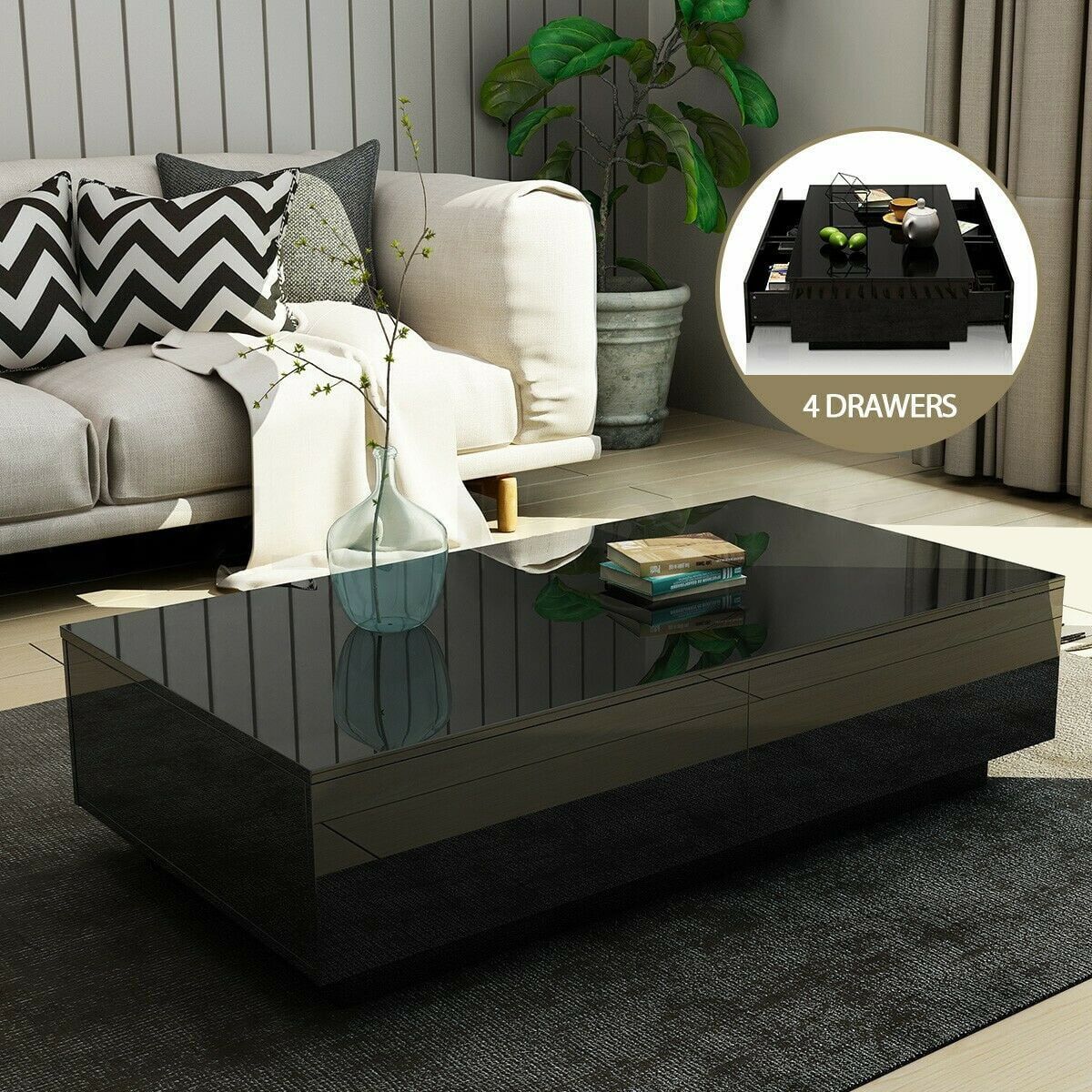 Hommpa High Gloss Black Coffee Table With 4 Drawers And Open Shelf Led Sofa  Side End Tea Table Modern Living Room Furniture With Storage Space –  Walmart In High Gloss Black Coffee Tables (View 10 of 15)